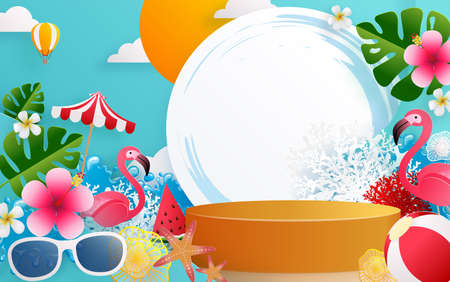 Summer time holiday vector design 3d products podium with colorful tropical  elements paper cut with craft style on background color .のイラスト素材