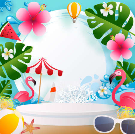 Summer time holiday vector design 3d products podium with colorful tropical  elements paper cut with craft style on background color .のイラスト素材