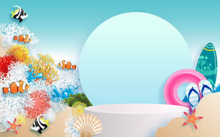 Summer time holiday vector design 3d products podium with colorful tropical  elements paper cut with craft style on background color .のイラスト素材