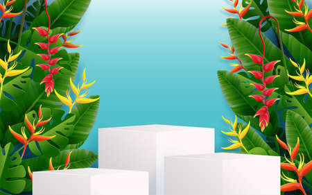 Summer time holiday vector design 3d products podium with colorful tropical flowersのイラスト素材