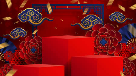 Podium round stage podium and paper art Chinese new year,Chinese Festivals, Mid Autumn Festival , red paper cut ,flower and asian elements with craft style on background.のイラスト素材