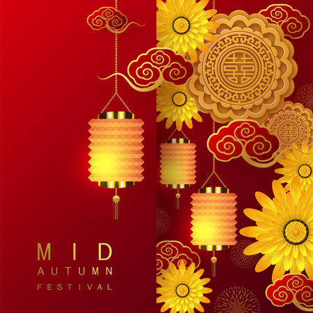 Mid Autumn festival moon goddess chang e with rabbit and moon, mooncake ,flower,chinese lanterns with gold paper cut style on color Background. ( Chinese Translation : Mid Autumn festival )のイラスト素材