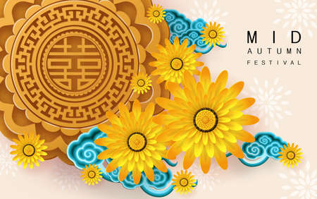 3d products podium mid autumn festival holiday or chinese new year, chinese festivals vector design with paper art ,flower, moon, rabbit, and asian elements with craft style on background.のイラスト素材