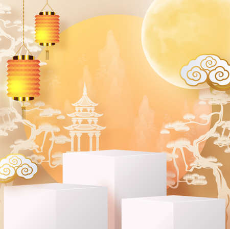 3d products podium mid autumn festival holiday or chinese new year, chinese festivals vector design with paper art ,flower, moon, rabbit, and asian elements with craft style on background.のイラスト素材