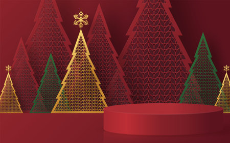 Christmas and New Year podium background vector design 3d products or show cosmetic product display. stage pedestal or platform. winter christmas red background.のイラスト素材
