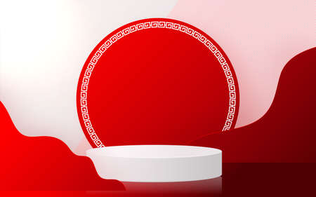 Podium round stage podium and paper art Chinese new year,Chinese Festivals, Mid Autumn Festival , red paper cut ,flower and asian elements with craft style on background.のイラスト素材