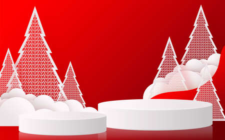 Christmas and New Year podium background vector design 3d products or show cosmetic product display. stage pedestal or platform. winter christmas red background.のイラスト素材