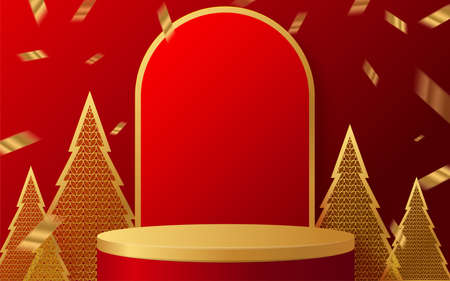 Christmas and New Year podium background vector design 3d products or show cosmetic product display. stage pedestal or platform. winter christmas red background.のイラスト素材