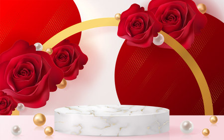 3d Background products for valentineâs day podium in red rose background vector 3d with cylinder. podium stand to show cosmetic product with craft style on background.のイラスト素材