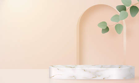 3d Background products marble podium with Eucalyptus leaves in love platform. background vector 3d with cylinder. podium stand to show cosmetic product with craft style.のイラスト素材