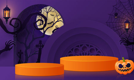 Halloween background design with 3d Podium round, square box stage podium ghost, pumpkin, bat, lamp, gravestone, moon, night, spooky,gravestone and paper cut art elements craft style on background.
のイラスト素材