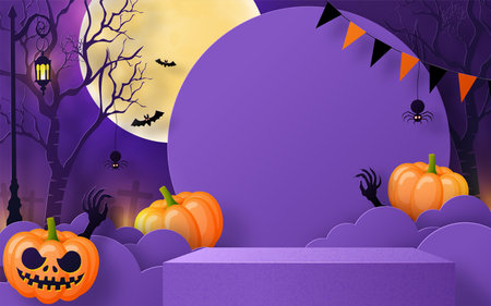 Halloween background design with 3d Podium round, square box stage podium ghost, pumpkin, bat, lamp, gravestone, moon, night, spooky,gravestone and paper cut art elements craft style on background.のイラスト素材