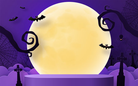 Halloween background design with 3d Podium round, square box stage podium ghost, pumpkin, bat, lamp, gravestone, moon, night, spooky,gravestone and paper cut art elements craft style on background.&#xA;のイラスト素材