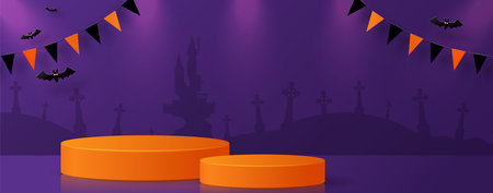 Halloween background design with 3d Podium round, square box stage podium ghost, pumpkin, bat, lamp, gravestone, moon, night, spooky,gravestone and paper cut art elements craft style on background.&#xA;のイラスト素材