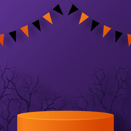 Halloween background design with 3d Podium round, square box stage podium ghost, pumpkin, bat, lamp, gravestone, moon, night, spooky,gravestone and paper cut art elements craft style on background.&#xA;のイラスト素材