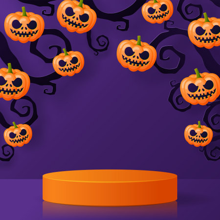 Halloween background design with 3d Podium round, square box stage podium ghost, pumpkin, bat, lamp, gravestone, moon, night, spooky,gravestone and paper cut art elements craft style on background.
のイラスト素材