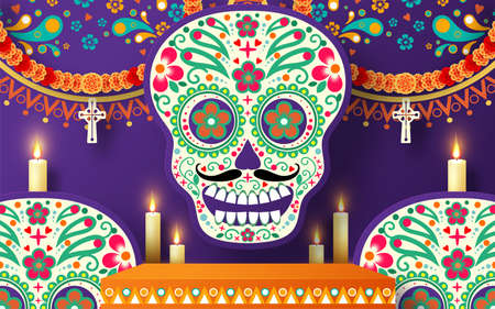 Day of the dead, Dia de los muertos 3d podium round, square stage with paper cut art elements craft style on background.のイラスト素材