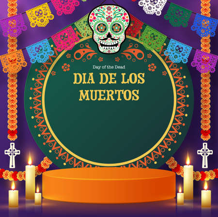 Day of the dead, Dia de los muertos 3d podium round, square stage with paper cut art elements craft style on background.のイラスト素材