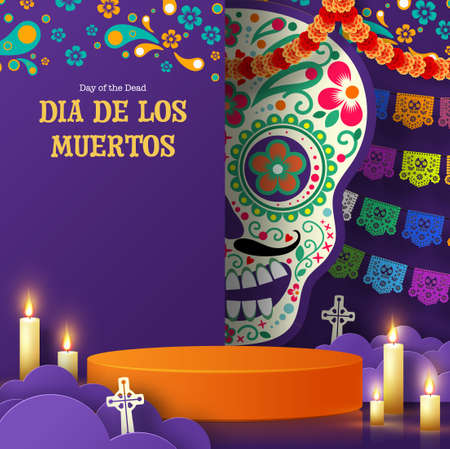 Day of the dead, Dia de los muertos, sugar skull with marigold flowers wreath on paper black color Background.のイラスト素材