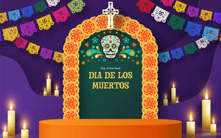 Day of the dead, Dia de los muertos, sugar skull with marigold flowers wreath on paper black color Background.のイラスト素材