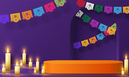 Day of the dead, Dia de los muertos, sugar skull with marigold flowers wreath on paper black color Background.のイラスト素材