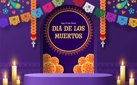 Day of the dead, Dia de los muertos, sugar skull with marigold flowers wreath on paper black color Background.のイラスト素材