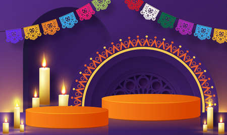 Day of the dead, Dia de los muertos, sugar skull with marigold flowers wreath on paper black color Background.のイラスト素材