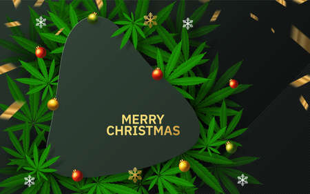 Merry Christmas  cannabis marijuana plant greeting cardÂ elements paper cut with craft style on background.のイラスト素材