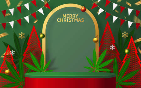 Merry Christmas  cannabis marijuana plant greeting cardÂ elements paper cut with craft style on background.のイラスト素材