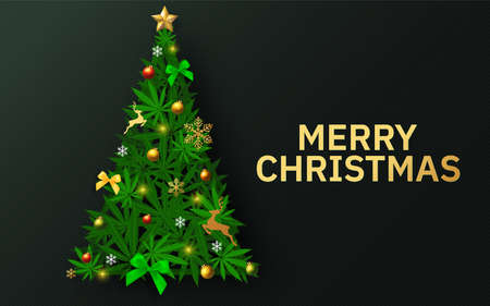 Merry Christmas  cannabis marijuana plant greeting cardÂ elements paper cut with craft style on background.のイラスト素材