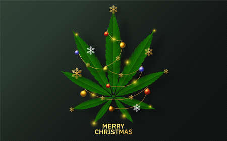 Merry Christmas  cannabis marijuana plant greeting cardÂ elements paper cut with craft style on background.のイラスト素材