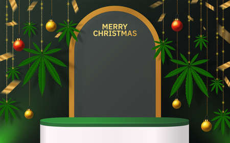 Merry Christmas  cannabis marijuana plant greeting cardÂ elements paper cut with craft style on background.のイラスト素材