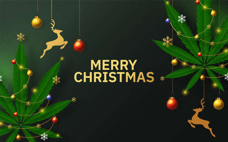 Merry Christmas  cannabis marijuana plant greeting cardÂ elements paper cut with craft style on background.のイラスト素材