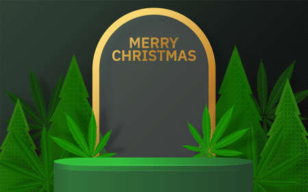 Merry Christmas  cannabis marijuana plant greeting cardÂ elements paper cut with craft style on background.のイラスト素材