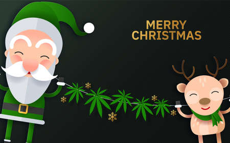 Merry Christmas  cannabis marijuana plant greeting cardÂ elements paper cut with craft style on background.のイラスト素材