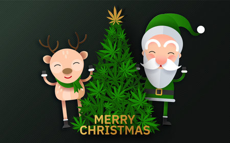 Merry Christmas  cannabis marijuana plant greeting cardÂ elements paper cut with craft style on background.のイラスト素材
