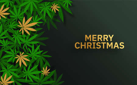 Merry Christmas  cannabis marijuana plant greeting cardÂ elements paper cut with craft style on background.のイラスト素材