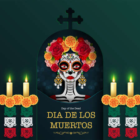 Day of the dead, Dia de los muertos, sugar skull with marigold flowers wreath on paper black color Background.のイラスト素材