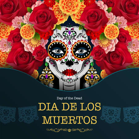 Day of the dead, Dia de los muertos, sugar skull with marigold flowers wreath on paper black color Background.のイラスト素材