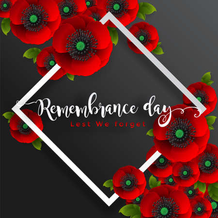 Remembrance day lest we forget. realistic red poppy flower international symbol of peace with paper cut art and craft style on color background.のイラスト素材
