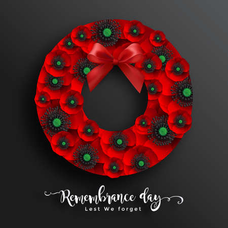 Remembrance day lest we forget. realistic red poppy flower international symbol of peace with paper cut art and craft style on color background.のイラスト素材