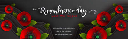 Remembrance day lest we forget. realistic red poppy flower international symbol of peace with paper cut art and craft style on color background.のイラスト素材