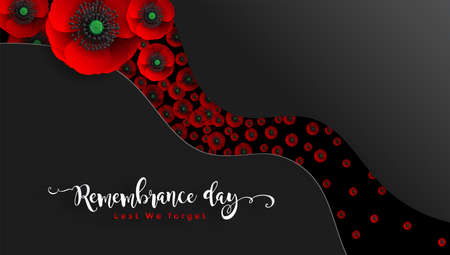 Remembrance day lest we forget. realistic red poppy flower international symbol of peace with paper cut art and craft style on color background.のイラスト素材