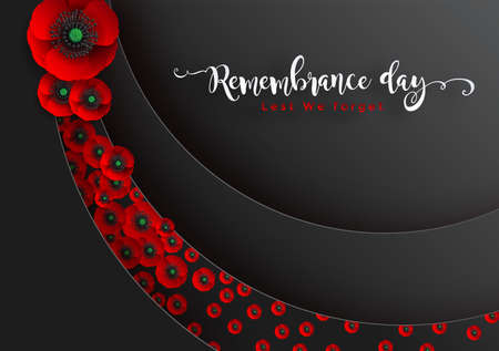 Remembrance day lest we forget. realistic red poppy flower international symbol of peace with paper cut art and craft style on color background.のイラスト素材