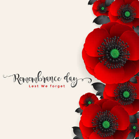 Remembrance day lest we forget. realistic red poppy flower international symbol of peace with paper cut art and craft style on color background.のイラスト素材