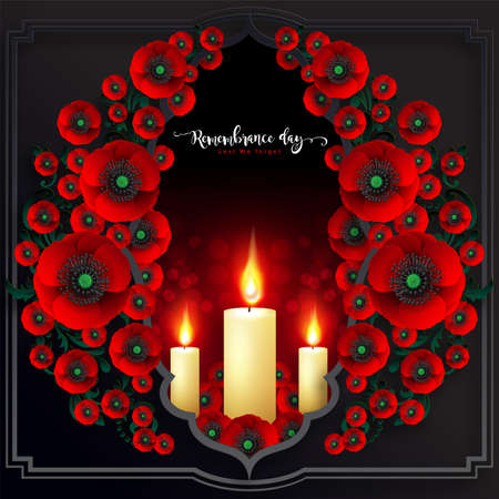 Remembrance day lest we forget. realistic red poppy flower international symbol of peace with paper cut art and craft style on color background.のイラスト素材