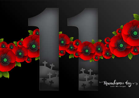 Remembrance day lest we forget. realistic red poppy flower international symbol of peace with paper cut art and craft style on color background.のイラスト素材