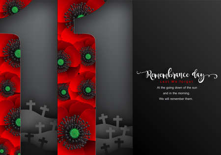 Remembrance day lest we forget. realistic red poppy flower international symbol of peace with paper cut art and craft style on color background.のイラスト素材