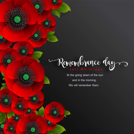 Remembrance day lest we forget. realistic red poppy flower international symbol of peace with paper cut art and craft style on color background.のイラスト素材