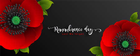 Remembrance day lest we forget. realistic red poppy flower international symbol of peace with paper cut art and craft style on color background.のイラスト素材